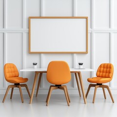 Fototapeta premium A modern minimalist office features a large blank whiteboard above a simple wooden table with three bright orange swivel chairs perfect for a small meeting or presentation.