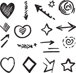 Line arrow hand drawn shape brush underline stroke element vector set. Hand drawn doodle sketch arrow, circle, star brush stroke scribble underline icon. Marker doodle heart vector illustration silhou