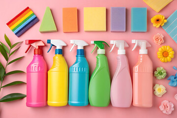 Colorful Cleaning Products Bottles on Pink Background for Home Cleaning Blogs, Household Tips Websites, Eco-Friendly Living, and Product Marketing