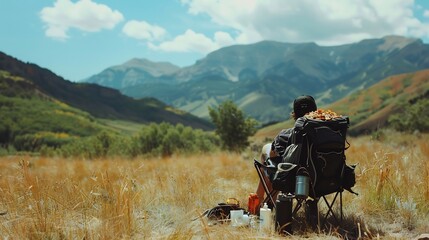 Obraz premium Hiker pausing on a trail enjoying a homemade trail mix with dried banana chips almonds and sunflower seeds with mountains in the background