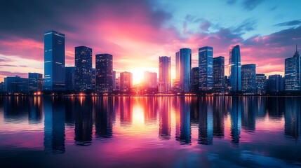 City lights shimmer in dusk reflections over tranquil water high resolution picture