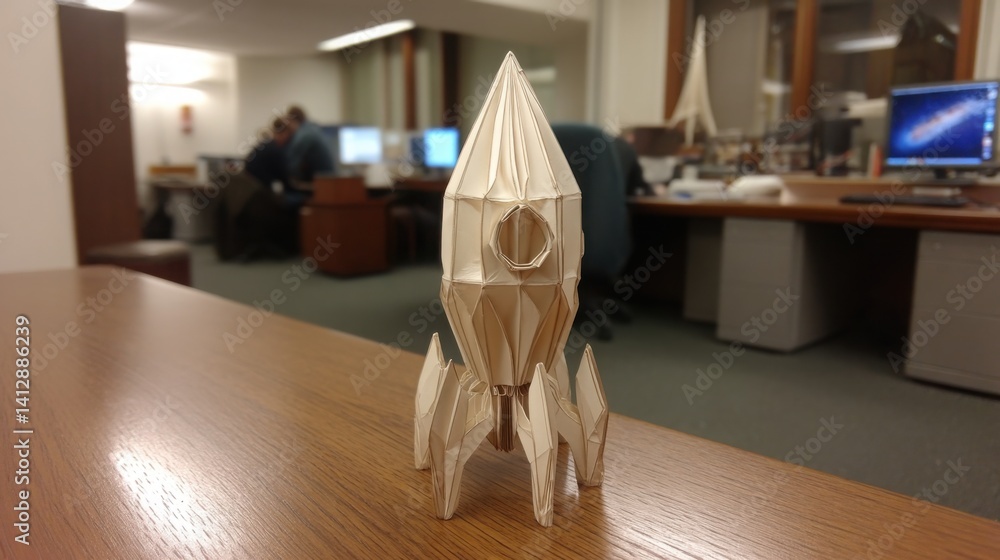 Poster charming paper rocket model resting on a table symbolizing creativity and imagination in a dynamic w