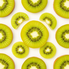 Fototapeta premium Top view of sliced kiwis in a neat pattern on white background, vibrant green fruit