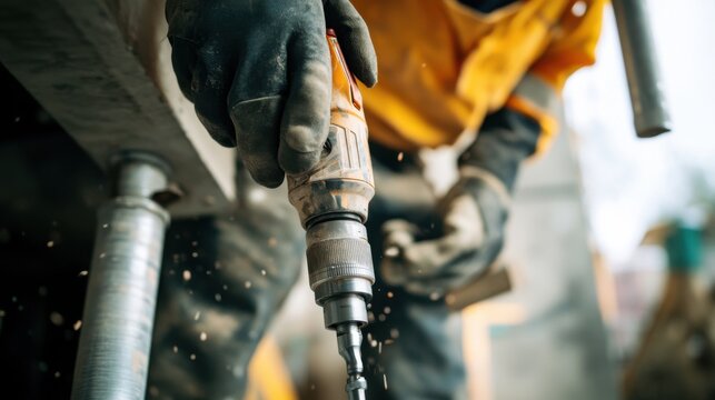Construction worker drilling holes for plumbing installation. Featuring strength and accuracy