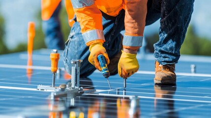 Solar panel installation: Professional worker installing photovoltaic panels