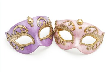 Pair of elegant, decorative Venetian carnival masks in shades of purple and pink, featuring intricate gold detailing and glitter accents