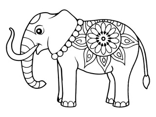 Adult Elephant With Trunk Down, Side View, Mandala Style, Coloring Page for Adults and Kids,