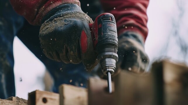 Construction worker drilling holes for plumbing installation. Featuring strength and accuracy