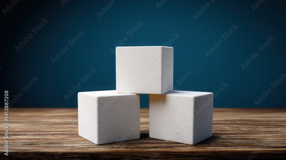 Poster three simple white cubes on a wooden table representing a minimalist approach to design and product 