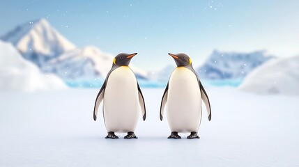 Obraz premium Two penguins stand together in a snowy landscape with mountains in the background