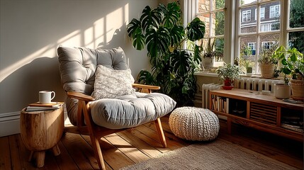 Cozy Living Room with Sunlight and Indoor Plants in a Relaxing Space
