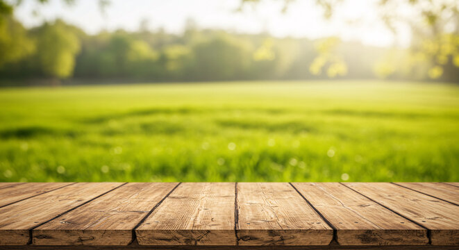 Wooden Rustic Table with Lush Green Grass and Soft Sunlight

