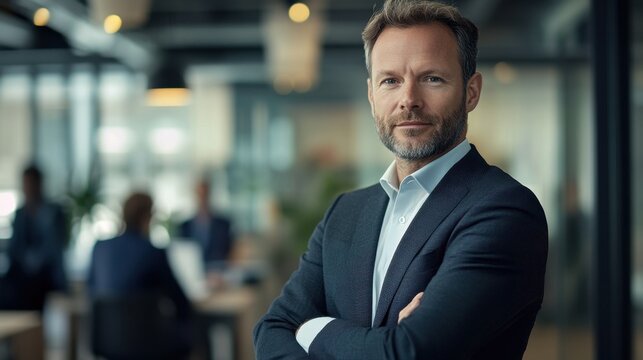 A confident European man in his forties poses in a modern office setting, showcasing professionalism and leadership. The background features a collaborative workspace with multiple people.