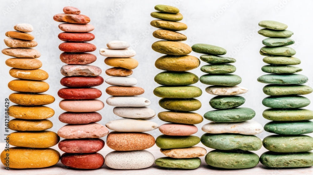 Poster a pyramid formed by different colored stones symbolizing obstacles in progress on a staircase model 