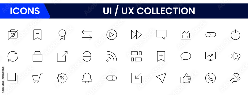Poster vector illustration web line icon collection focused on ux/ui design, featuring wireframes, user flo