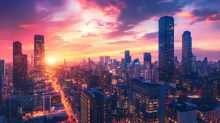 Obraz premium Evening city lights dancing over reflective sunset water surface high resolution picture