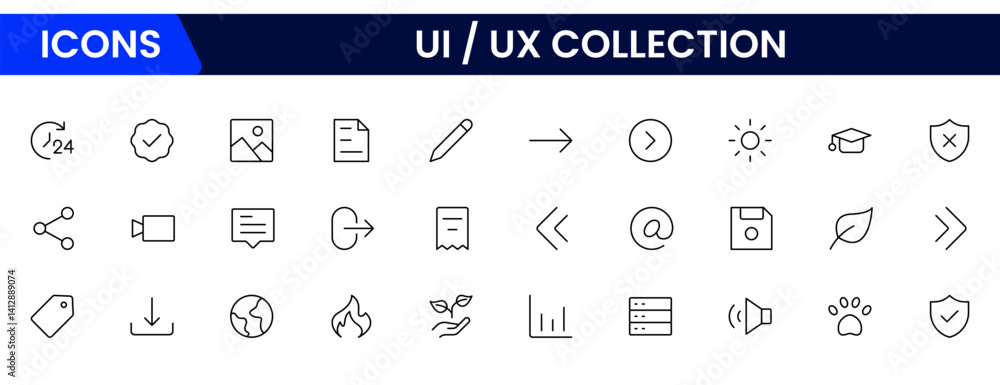 Poster vector illustration web line icon collection focused on ux/ui design, featuring wireframes, user flo