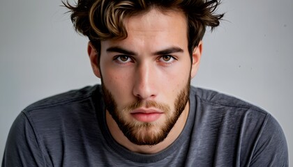 Obraz premium a striking close-up portrait of a young man with intense brown eyes and a neatly trimmed beard against a plain white background.
