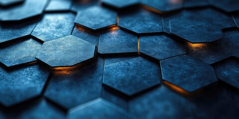 Hexagonal abstract background with dynamic gradients and metallic reflections in dark blue tones
