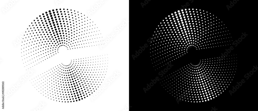 Poster Modern abstract background. Halftone dots in circle form. Round logo. Vector dotted frame. Design element or icon. Black shape on a white background and the same white shape on the black side.