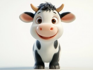 Adorable Cartoon Cow with Big Smile and Cute Features on White Background, High-Quality 3D Rendering