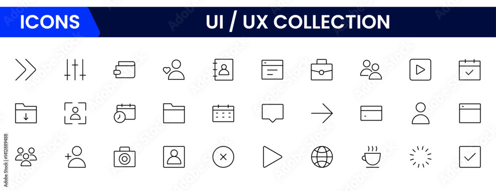 Poster vector illustration web line icon collection focused on ux/ui design, featuring wireframes, user flo