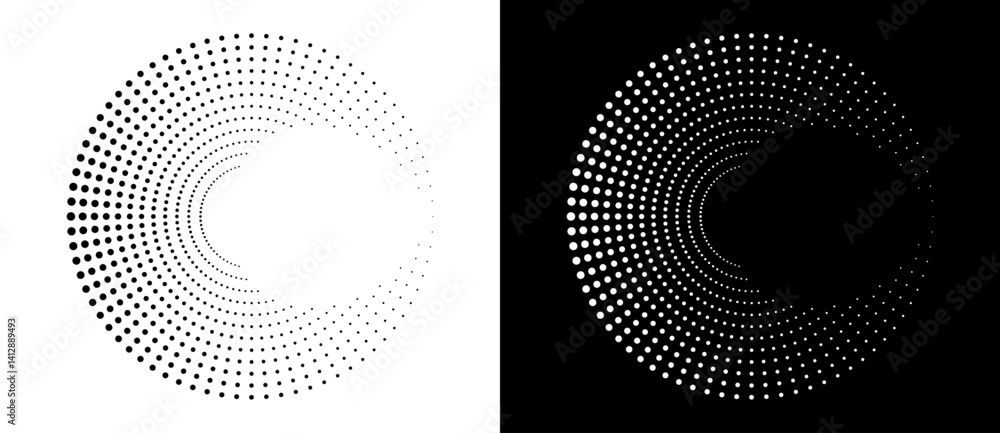 Poster Modern abstract background. Halftone dots in circle form. Round logo. Vector dotted frame. Design element or icon. Black shape on a white background and the same white shape on the black side.