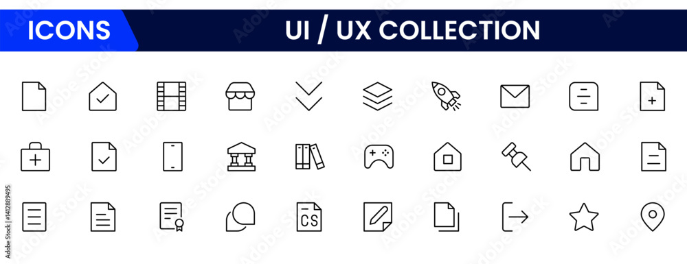 Poster vector illustration web line icon collection focused on ux/ui design, featuring wireframes, user flo