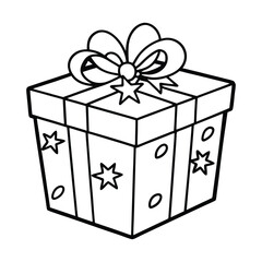 Outlined Gift Box with Ribbon and Star-Shaped Decorations in Black and White