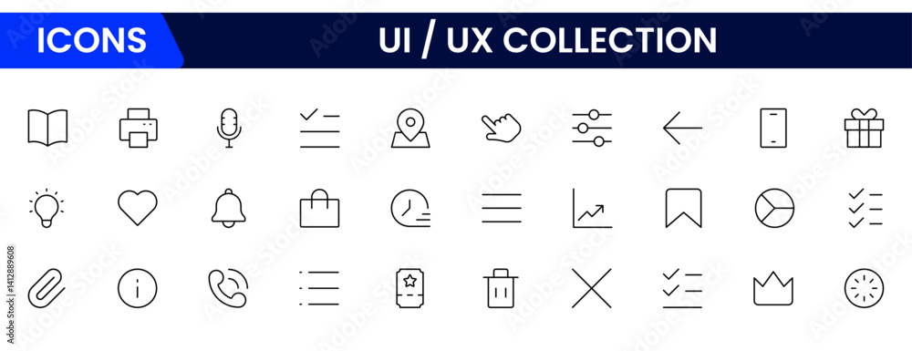 Poster vector illustration web line icon collection focused on ux/ui design, featuring wireframes, user flo