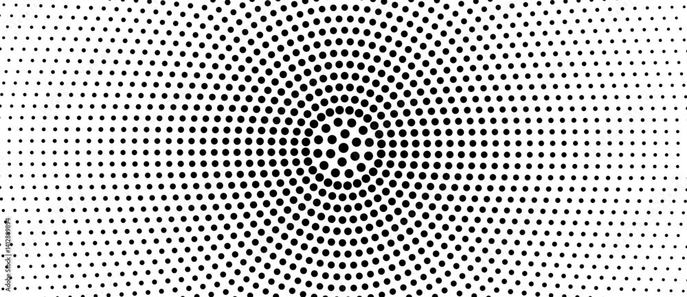 Aufkleber Halftone round as icon or background. Sun concept. Abstract vector circle frame with dots as logo or emblem. White dots on a black background.