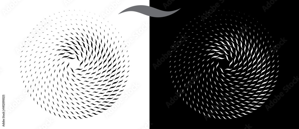 Poster Modern abstract background. Waves in circle form. Round logo or icon, design element. Black shape on a white background and the same white shape on the black side.