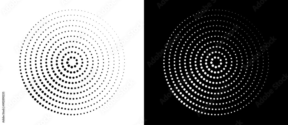 Poster Modern abstract background. Halftone dots in circle form. Round logo. Vector dotted frame. Design element or icon. Black shape on a white background and the same white shape on the black side.