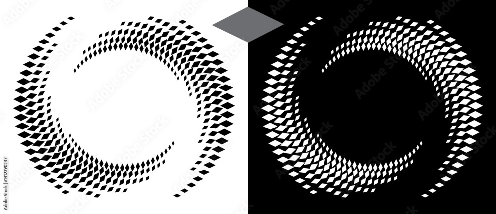 Leinwandbilder Spiral dotted background with rhombuses. Yin and yang style. Design element or icon. Black shape on a white background and the same white shape on the black side.