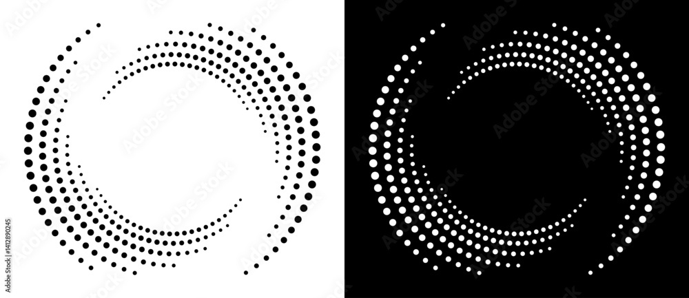 Leinwandbilder Circle abstract background with dynamic halftone dots in spiral. Yin and yang style. Black shape on a white background and the same white shape on the black side.