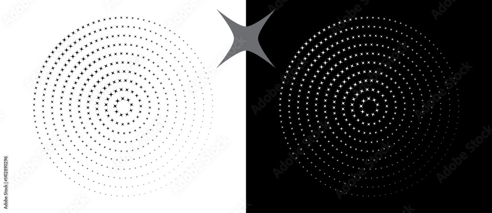 Poster Abstract vector circle with halftone stars as logo or icon. Black shape on a white background and the same white shape on the black side.