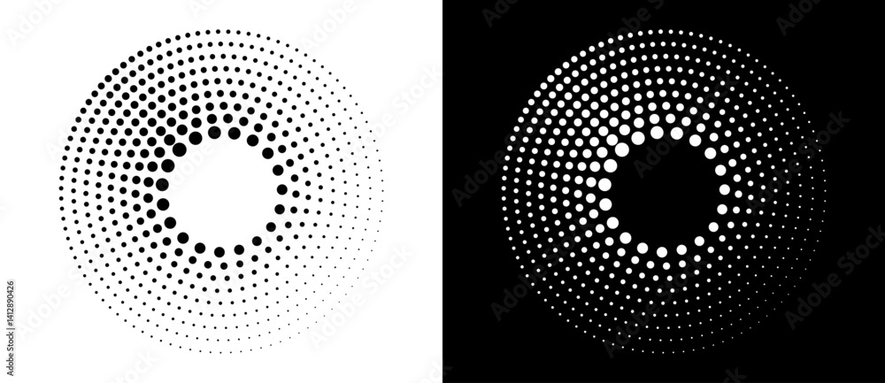 Poster Modern abstract background. Halftone dots in circle form. Round logo. Vector dotted frame. Design element or icon. Black shape on a white background and the same white shape on the black side.