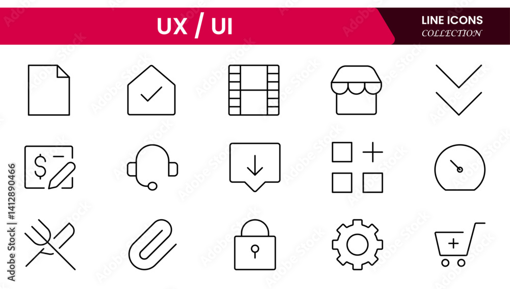 Poster vector illustration web line icon collection focused on ux/ui design, featuring wireframes, user flo
