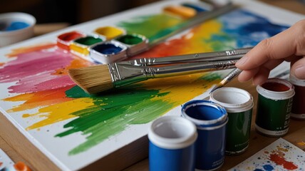 Obraz premium Artist painting vibrant watercolor rainbow, close-up