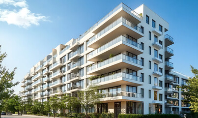 Low angle shot of a facade of a white modern building under a blue clear sky
