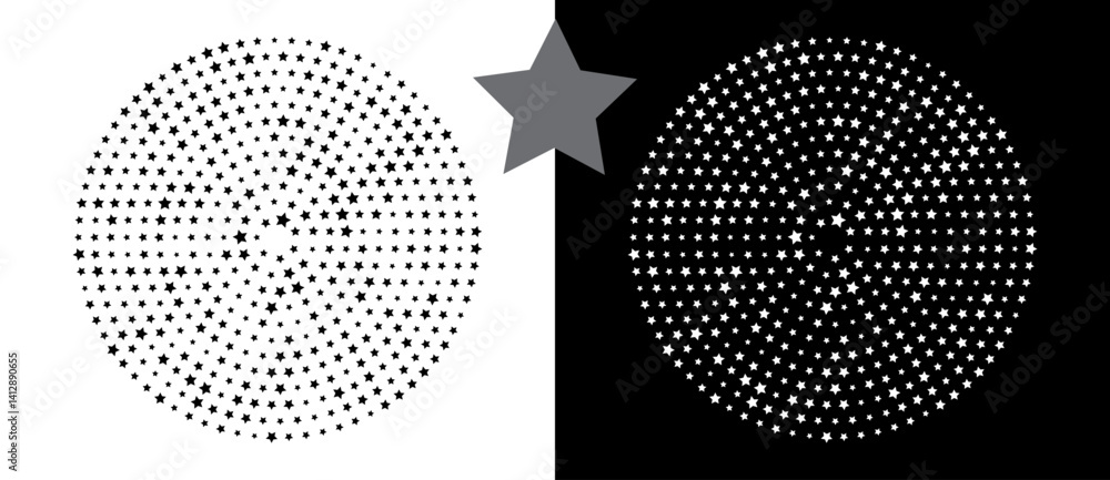 Poster Abstract vector circle with halftone stars as logo or icon. Black shape on a white background and the same white shape on the black side.