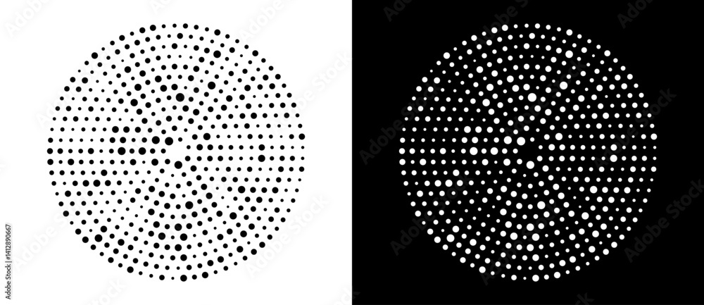 Fototapete Modern abstract background. Halftone dots in circle form. Round logo. Vector dotted frame. Design element or icon. Black shape on a white background and the same white shape on the black side.