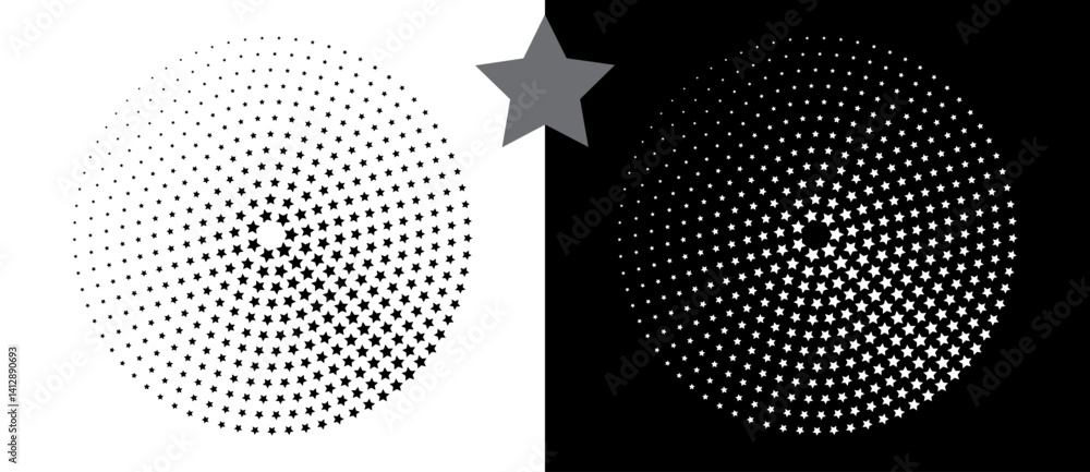 Poster Abstract vector circle with halftone stars as logo or icon. Black shape on a white background and the same white shape on the black side.