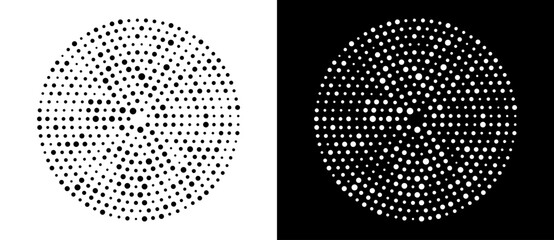 Modern abstract background. Halftone dots in circle form. Round logo. Vector dotted frame. Design element or icon. Black shape on a white background and the same white shape on the black side.