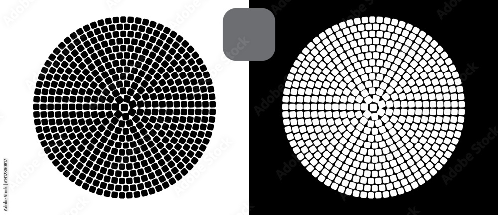 Poster halftone circles with squares.abstract creative background or icon, logo, tattoo. black shape on a w