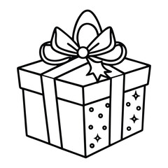 Outlined Gift Box with Ribbon and Star-Shaped Decorations in Black and White