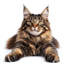 Maine Coon cat stretches gracefully with a classic brown tabby coat on white background