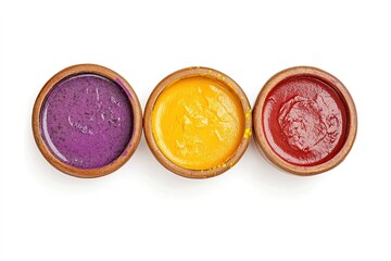 top view of traditional holi paint in bowls isolated on white, Hindu spring festival of colours