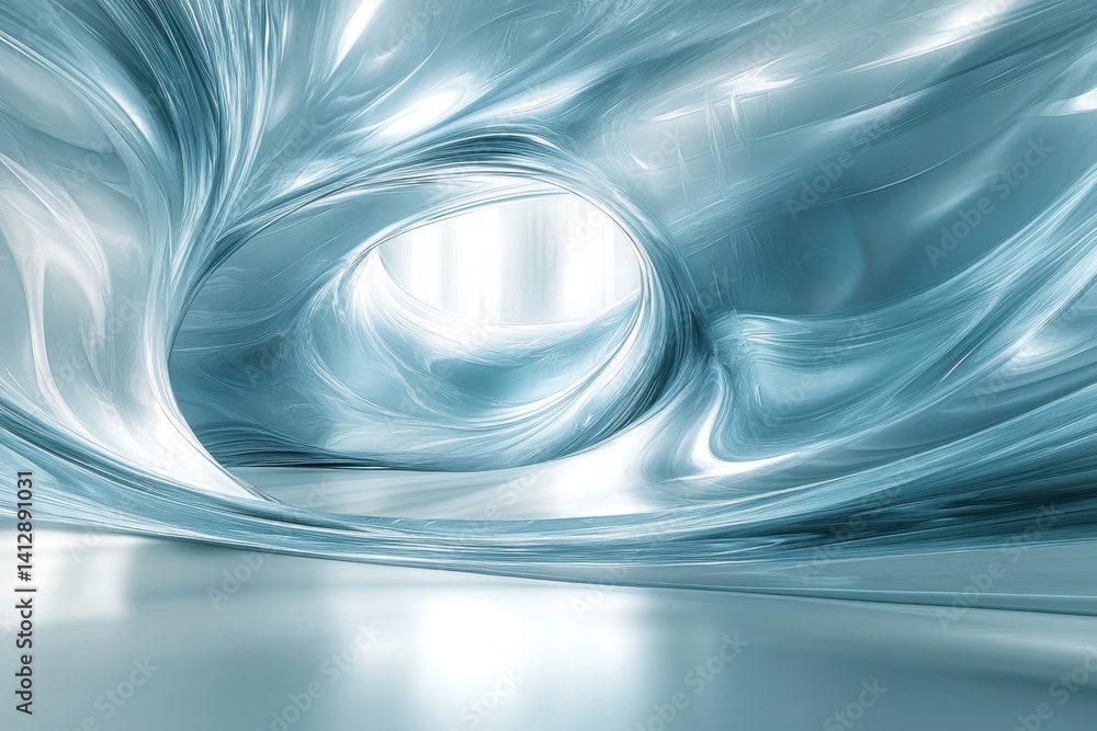Poster smooth flowing patterns create an abstract blue landscape resembling a serene cave