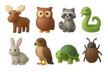 Naklejka premium 3D icon set of park fauna: moose, owl, raccoon, snake, rabbit, hawk, turtle, insect. 3d icon. Isolated